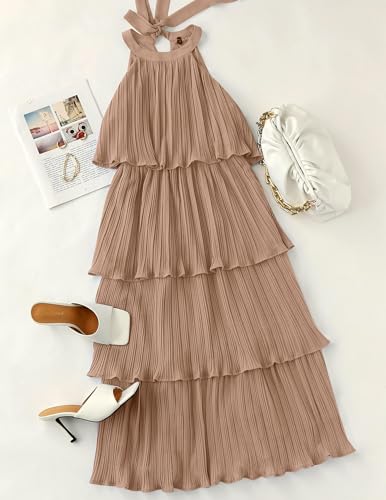 ZESICA Women's 2024 Summer Sleeveless Halter Neck Ruffle Tiered Layed Chiffon Flowy Swing Long Midi Dress,Khaki,Large