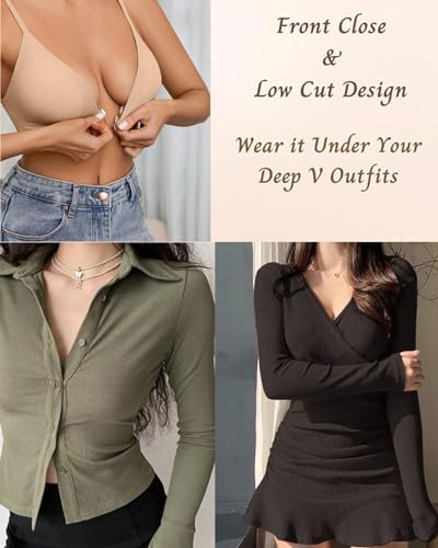 WOWENY Front Closure Bras for Women No Underwire Low Cut Deep V Padded Bralette Seamless Comfy Bras with Support Brown M