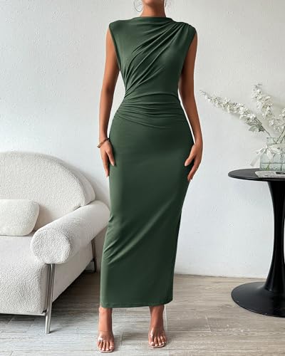 BTFBM Women 2024 Summer Wedding Guest Dress Sleeveless Ruched Slit Long Bodycon Dresses Spring Beach Vacation Maxi Dress(Solid Army Green, Small)