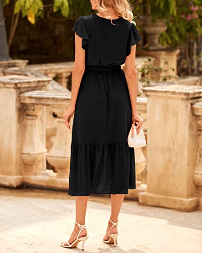 BTFBM Women Summer Bohemian Floral Casual Wrap V Neck Ruffle Cap Sleeveless Belt A-Line Pleated Hem Swing Midi Sun Dress (Solid Black, Medium)