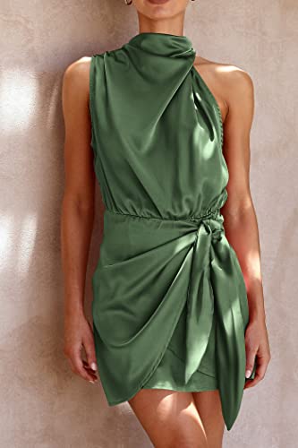 PRETTYGARDEN Women's Short Formal Satin Dress Summer Sleeveless Mock Neck Tie Waist Cocktail Party Dresses (Army Green,Small)