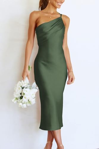 Army Green One-Shoulder Midi Satin Dress