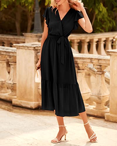BTFBM Women Summer Bohemian Floral Casual Wrap V Neck Ruffle Cap Sleeveless Belt A-Line Pleated Hem Swing Midi Sun Dress (Solid Black, Medium)
