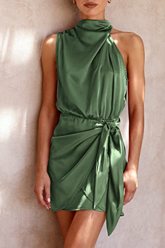 PRETTYGARDEN Women's Short Formal Satin Dress Summer Sleeveless Mock Neck Tie Waist Cocktail Party Dresses (Army Green,Small)