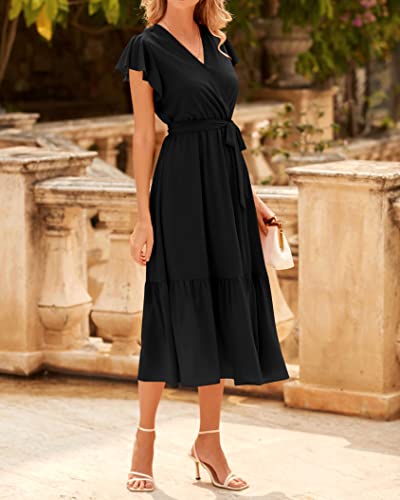 BTFBM Women Summer Bohemian Floral Casual Wrap V Neck Ruffle Cap Sleeveless Belt A-Line Pleated Hem Swing Midi Sun Dress (Solid Black, Medium)