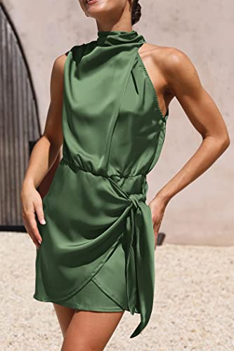 PRETTYGARDEN Women's Short Formal Satin Dress Summer Sleeveless Mock Neck Tie Waist Cocktail Party Dresses (Army Green,Small)