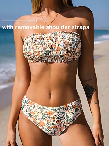 CUPSHE Bikini Set for Women Two Piece Swimsuit Bandeau Top Back Tie Floral Print Mid Waisted Bottom with Removable Shoulder Straps Multicolor