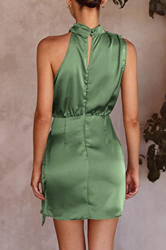 PRETTYGARDEN Women's Short Formal Satin Dress Summer Sleeveless Mock Neck Tie Waist Cocktail Party Dresses (Army Green,Small)