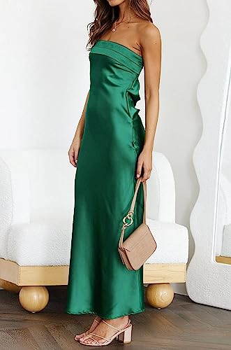MEROKEETY Women 2024 Summer Strapless Satin Tube Bodycon Backless Wedding Guest Maxi Dress DarkGreen Medium