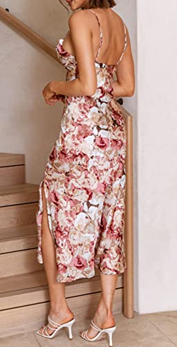 UTNISAN Women's Cowl Neck Spaghetti Strap Satin Slip Wedding Guest Formal Midi Evening Dress 2030 (XS, Wine Floral)