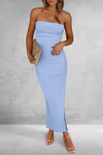 PRETTYGARDEN Women's Summer Bodycon Maxi Tube Dress Ribbed Strapless Side Slit Long Going Out Casual Elegant Party Dresses (Light Blue,Small)