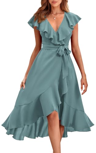 PRETTYGARDEN Short Sleeve Wrap V Neck Ruffle Summer Dress for Women Wedding Guest Dresses for Women 2024 Satin Midi Dresses (Light Lake Blue,XX-Large)