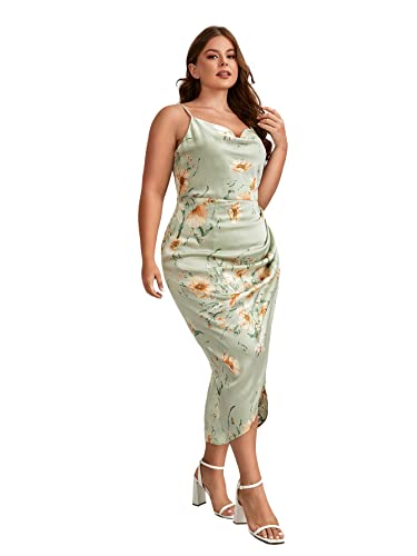 Floerns Women's Plus Size Satin Spaghetti Strap Cowl Neck Wrap Party Cami Dress Floral Green 2XL