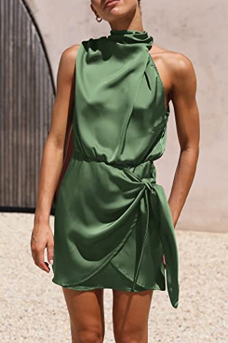 PRETTYGARDEN Women's Short Formal Satin Dress Summer Sleeveless Mock Neck Tie Waist Cocktail Party Dresses (Army Green,Small)