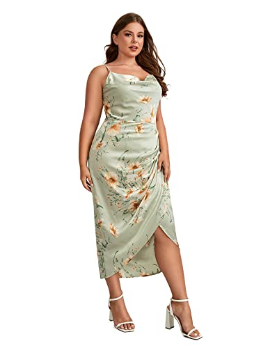 Floerns Women's Plus Size Satin Spaghetti Strap Cowl Neck Wrap Party Cami Dress Floral Green 2XL