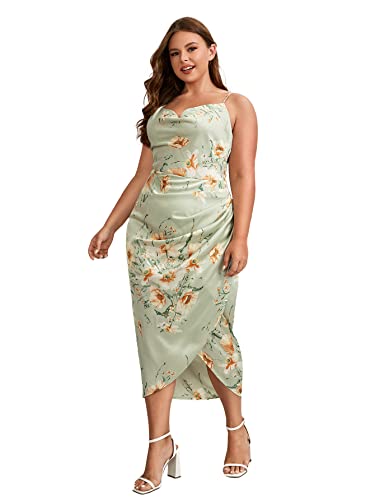 Floerns Women's Plus Size Satin Spaghetti Strap Cowl Neck Wrap Party Cami Dress Floral Green 2XL