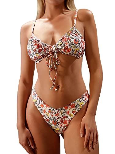 ZAFUL Women's Ditsy Floral Printed Swimsuit Knotted String Triangle Bikini Cheeky Bikini Set Khaki L