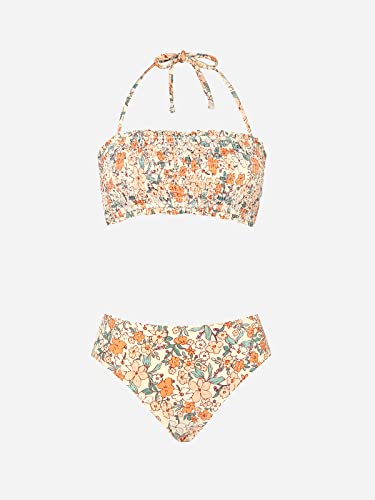 CUPSHE Bikini Set for Women Two Piece Swimsuit Bandeau Top Back Tie Floral Print Mid Waisted Bottom with Removable Shoulder Straps Multicolor