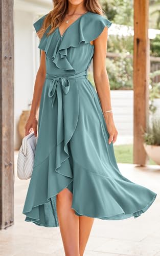 PRETTYGARDEN Short Sleeve Wrap V Neck Ruffle Summer Dress for Women Wedding Guest Dresses for Women 2024 Satin Midi Dresses (Light Lake Blue,XX-Large)