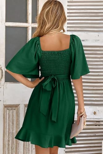 Dokotoo Women's Summer Casual Dress Wrap V Neck Short Sleeve Smocked Elastic Waist Tiered Belted Ruffle Hem Mini Dresses Wedding Guest Dress Green S