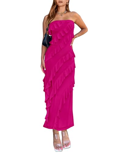 BTFBM Women Wedding Guest Dresses Spring Dresses for 2024 Strapless Bodycon Solid Color Cocktail Dresses(Solid Rose Red,XX-Large)