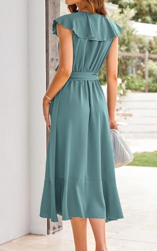 PRETTYGARDEN Short Sleeve Wrap V Neck Ruffle Summer Dress for Women Wedding Guest Dresses for Women 2024 Satin Midi Dresses (Light Lake Blue,XX-Large)