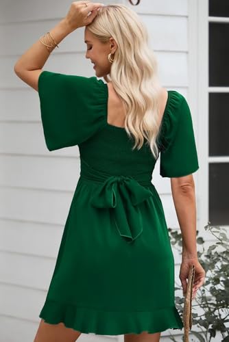 Dokotoo Women's Summer Casual Dress Wrap V Neck Short Sleeve Smocked Elastic Waist Tiered Belted Ruffle Hem Mini Dresses Wedding Guest Dress Green S