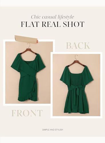 Dokotoo Women's Summer Casual Dress Wrap V Neck Short Sleeve Smocked Elastic Waist Tiered Belted Ruffle Hem Mini Dresses Wedding Guest Dress Green S
