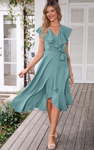 PRETTYGARDEN Short Sleeve Wrap V Neck Ruffle Summer Dress for Women Wedding Guest Dresses for Women 2024 Satin Midi Dresses (Light Lake Blue,XX-Large)