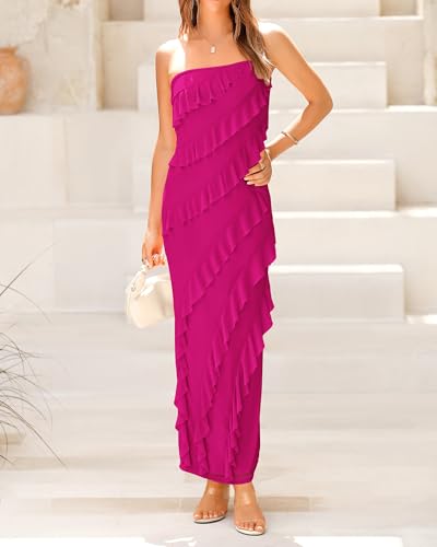 BTFBM Women Wedding Guest Dresses Spring Dresses for 2024 Strapless Bodycon Solid Color Cocktail Dresses(Solid Rose Red,XX-Large)