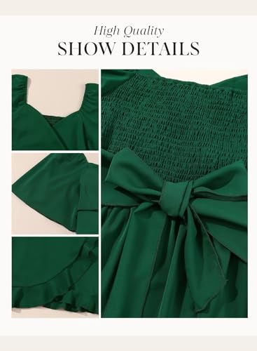 Dokotoo Women's Summer Casual Dress Wrap V Neck Short Sleeve Smocked Elastic Waist Tiered Belted Ruffle Hem Mini Dresses Wedding Guest Dress Green S