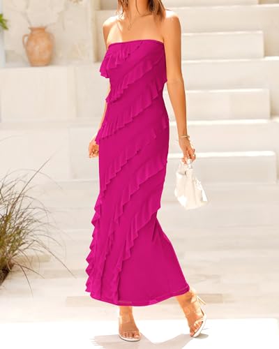 BTFBM Women Wedding Guest Dresses Spring Dresses for 2024 Strapless Bodycon Solid Color Cocktail Dresses(Solid Rose Red,XX-Large)