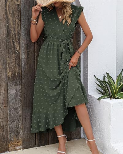BTFBM Women's Boho Cocktail Vacation Dress Summer Fashion V Neck Swiss Dot Cap Sleeve Flowy Slit Wedding Party Dresses(Swiss Dot Army Green, Small)