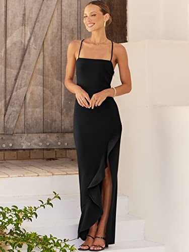ANRABESS Women Prom Dress 2024 Summer Bodycon Formal Maxi Dresses Ruffle Side Split Cocktail Wedding Guest Date Dress Black Medium