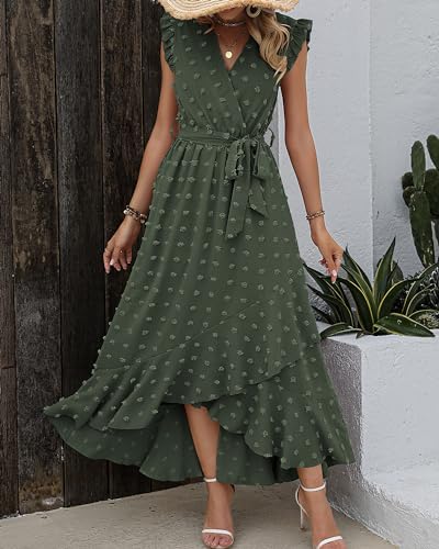 BTFBM Women's Boho Cocktail Vacation Dress Summer Fashion V Neck Swiss Dot Cap Sleeve Flowy Slit Wedding Party Dresses(Swiss Dot Army Green, Small)