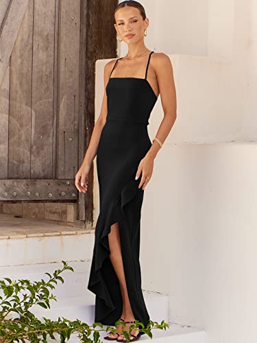 ANRABESS Women Prom Dress 2024 Summer Bodycon Formal Maxi Dresses Ruffle Side Split Cocktail Wedding Guest Date Dress Black Medium