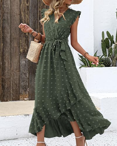 BTFBM Women's Boho Cocktail Vacation Dress Summer Fashion V Neck Swiss Dot Cap Sleeve Flowy Slit Wedding Party Dresses(Swiss Dot Army Green, Small)