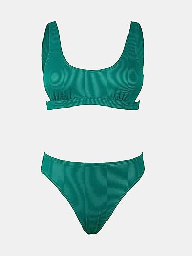 CUPSHE Women Swimsuit Bikini Set Two Piece Ribbed Textured Side Cutout Tank Top Mid Rise Bathing Suit, S
