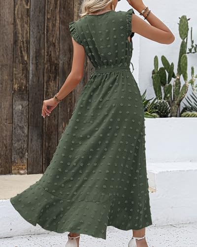 BTFBM Women's Boho Cocktail Vacation Dress Summer Fashion V Neck Swiss Dot Cap Sleeve Flowy Slit Wedding Party Dresses(Swiss Dot Army Green, Small)