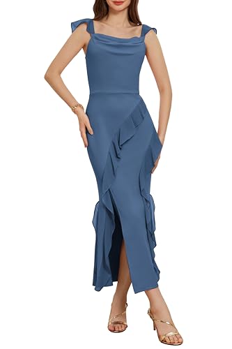 GRACE KARIN Womens Cowl Neck Elegant Slit Dresses for Wedding Guest Cocktail Party Gray Blue