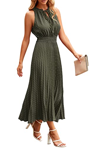 PRETTYGARDEN Women's Midi Summer Dresses Casual V Neck Swiss Dot Ruffle Sleeveless A Line Beach Sun Dress (Army Green,Large)