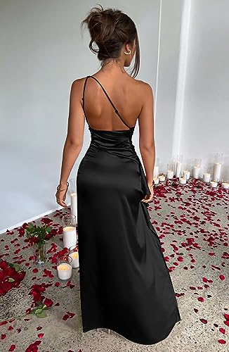 Memoriesea Women's Sexy One Shoulder Satin High Split Cocktail Wedding Party Maxi Dress Black