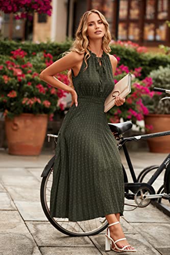 PRETTYGARDEN Women's Midi Summer Dresses Casual V Neck Swiss Dot Ruffle Sleeveless A Line Beach Sun Dress (Army Green,Large)