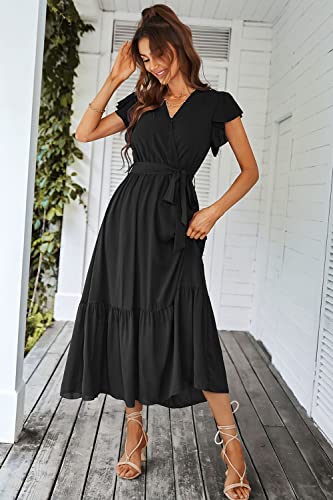 PRETTYGARDEN Women's 2024 Floral Boho Dress Wrap V Neck Short Sleeve Belted Ruffle Hem A-Line Flowy Maxi Dresses (Solid Black,X-Large)