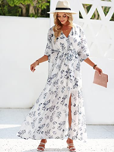 ANRABESS Women’s Summer Loose Boho Flowy Wrap V Neck 3/4 Sleeve Floral Print Slit Beach Wedding Guest Long Maxi Dresses 2024 Floral White Teal Small