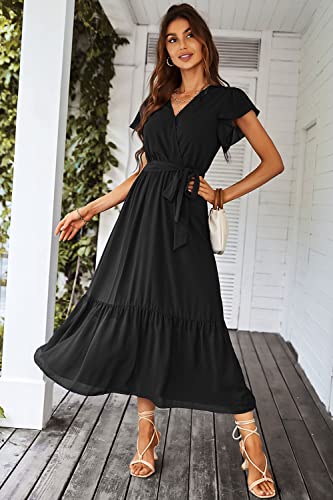 PRETTYGARDEN Women's 2024 Floral Boho Dress Wrap V Neck Short Sleeve Belted Ruffle Hem A-Line Flowy Maxi Dresses (Solid Black,X-Large)
