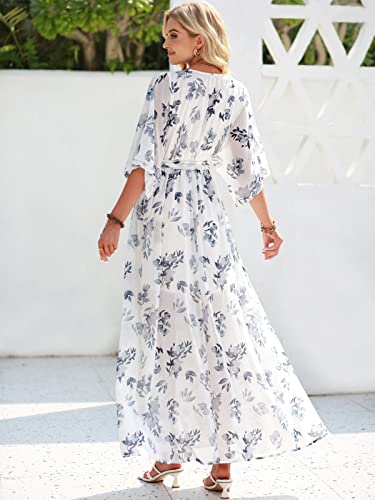 ANRABESS Women’s Summer Loose Boho Flowy Wrap V Neck 3/4 Sleeve Floral Print Slit Beach Wedding Guest Long Maxi Dresses 2024 Floral White Teal Small