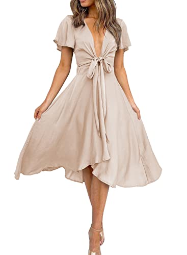 miduo Womens Satin Deep V Neck Ruffle Short Sleeve Tie Front High Waist High Low Midi A-Line Party Dresses Champagne M