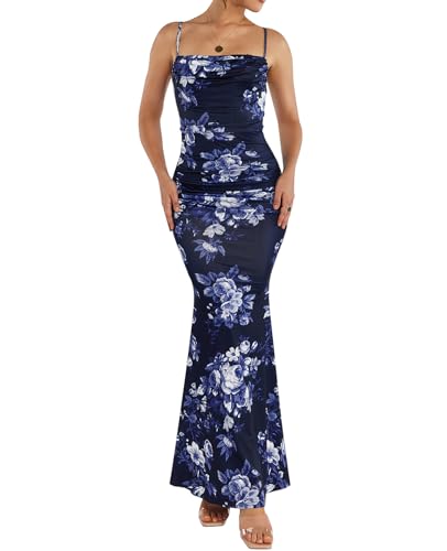 EYNMIN Women's Floral Print Corset Maxi Dress Sleeveless Bodycon Spaghetti Strap Ruched Elegant Evening Party Long Dresses Navy Print XS