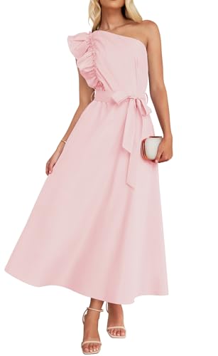 ZESICA Women's Summer One Shoulder Ruffle Dress 2024 Sleeveless Empire Waist Boho Flowy Maxi Dresses,Pink,Medium